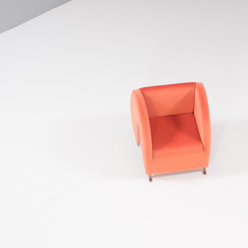 Virgola vintage peach orange velvet armchair by Yaakov Kaufman for Arflex, 1990s