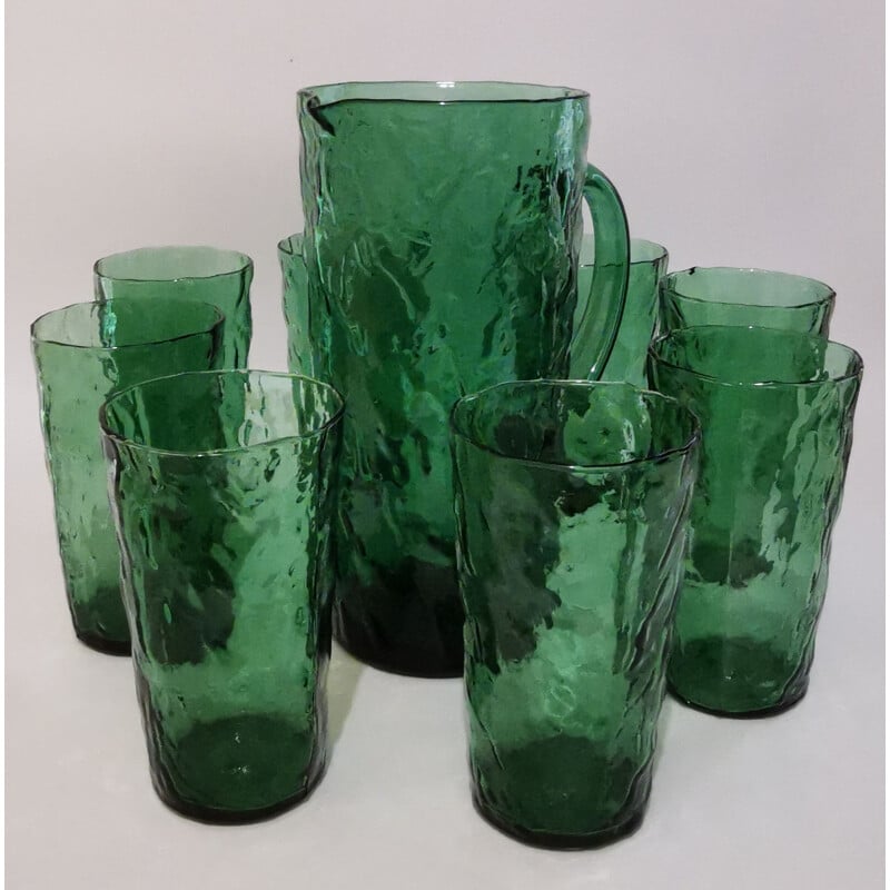 Vintage dark green blown glass orangeade set, 1960