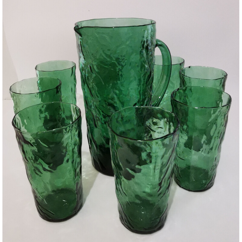 Vintage dark green blown glass orangeade set, 1960