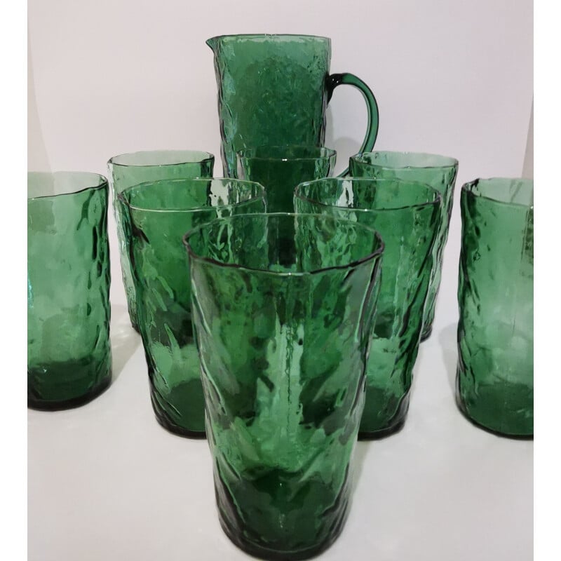 Vintage dark green blown glass orangeade set, 1960