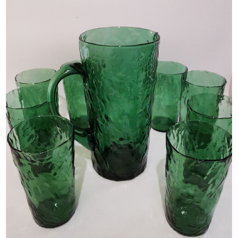 Vintage dark green blown glass orangeade set, 1960