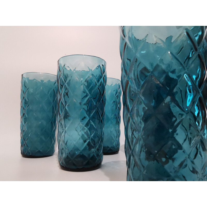 Vintage blue glass orangeade set, 1970