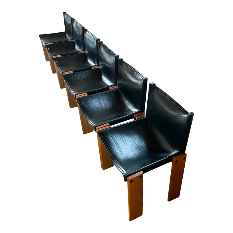 Set of 6 vintage beechwood and black leather chairs by Afra & Tobia Scarpa, Italy 1973