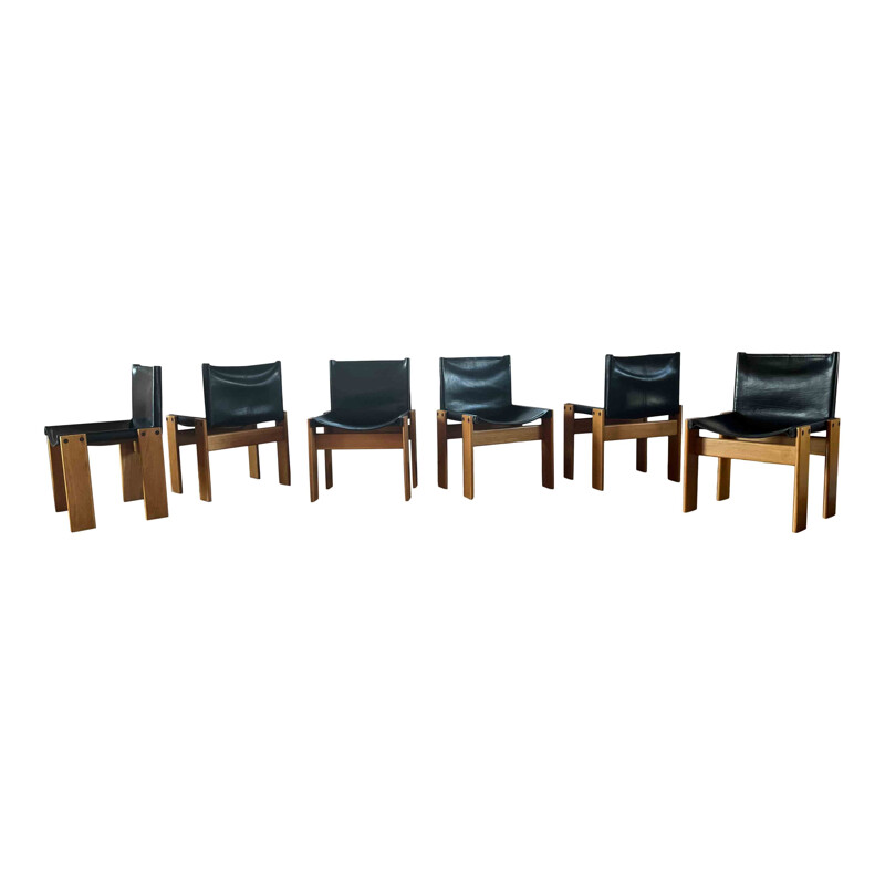 Set of 6 vintage beechwood and black leather chairs by Afra & Tobia Scarpa, Italy 1973