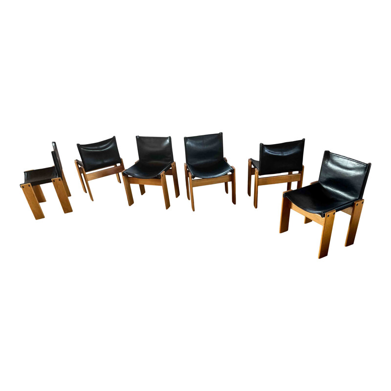 Set of 6 vintage beechwood and black leather chairs by Afra & Tobia Scarpa, Italy 1973