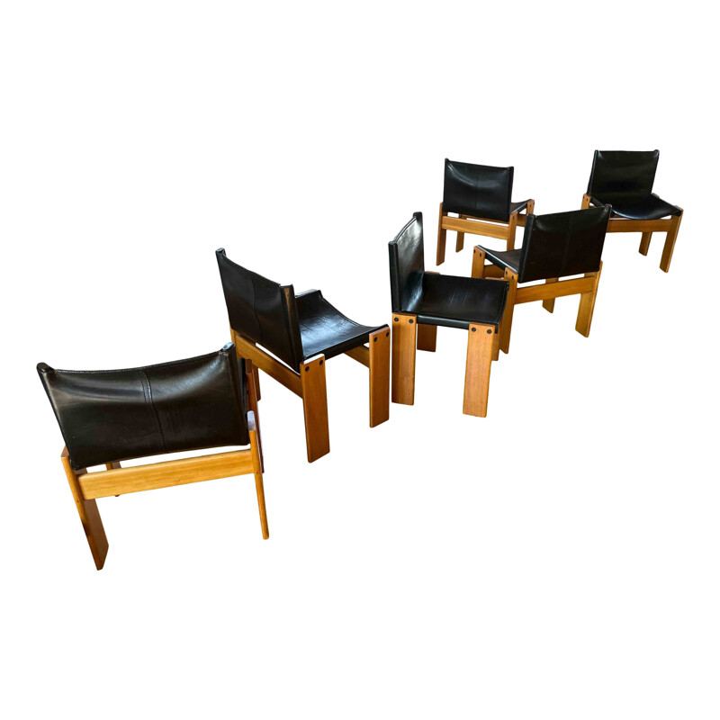 Ensemble de 6 chaises vintage en bois de hêtre et cuir noir par Afra & Tobia Scarpa, Italie 1973