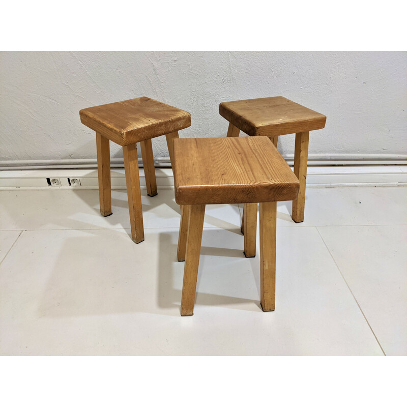 Set of 3 vintage pine stools for Les Arcs 1800, 1960