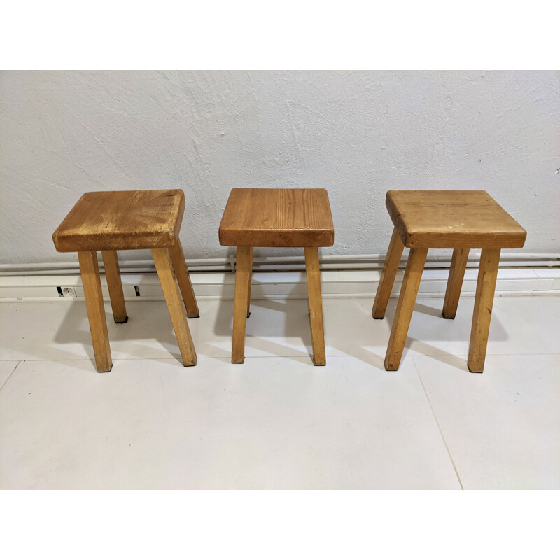 Set of 3 vintage pine stools for Les Arcs 1800, 1960