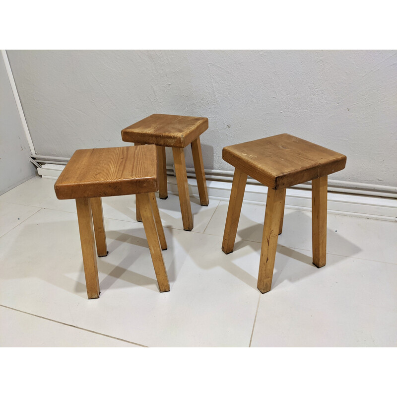 Set of 3 vintage pine stools for Les Arcs 1800, 1960