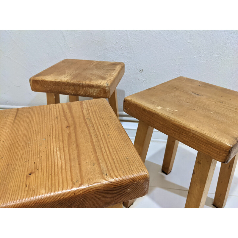 Set of 3 vintage pine stools for Les Arcs 1800, 1960