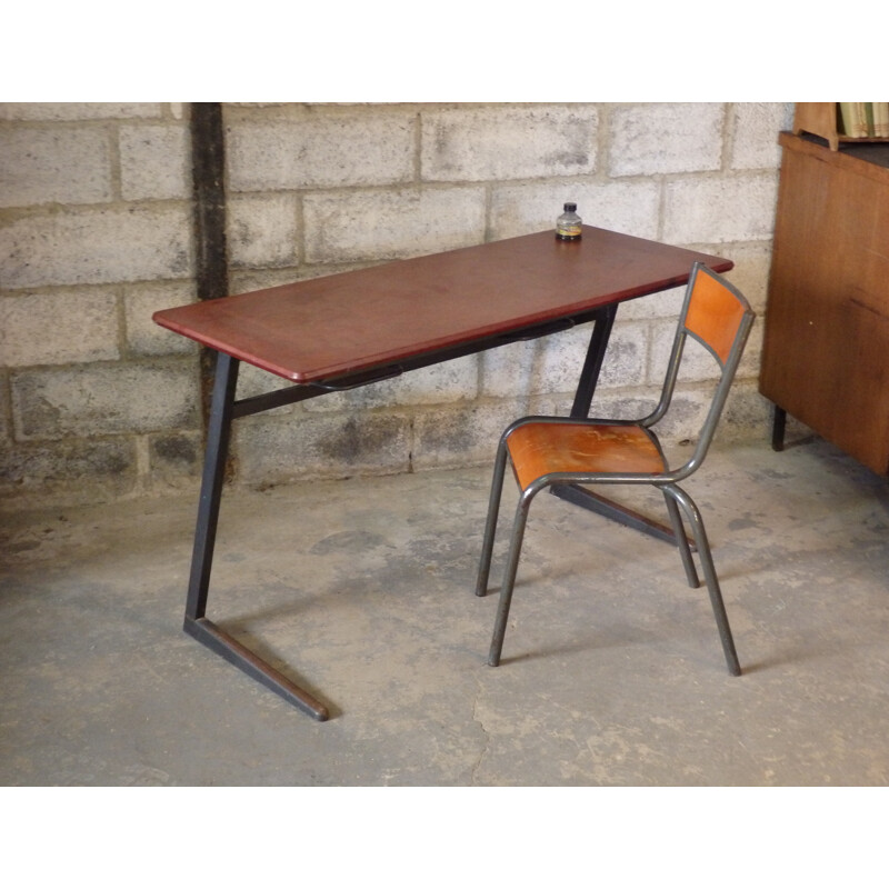 Bureau d'écolier et sa chaise Mullca en métal et bois - 1960