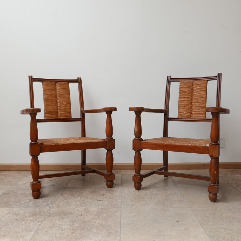 Pair of vintage armchairs in wood and rush, France 1950