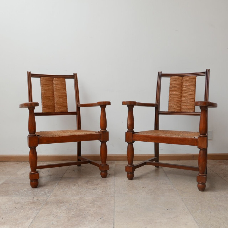 Paire de fauteuils vintage en bois et jonc, France 1950