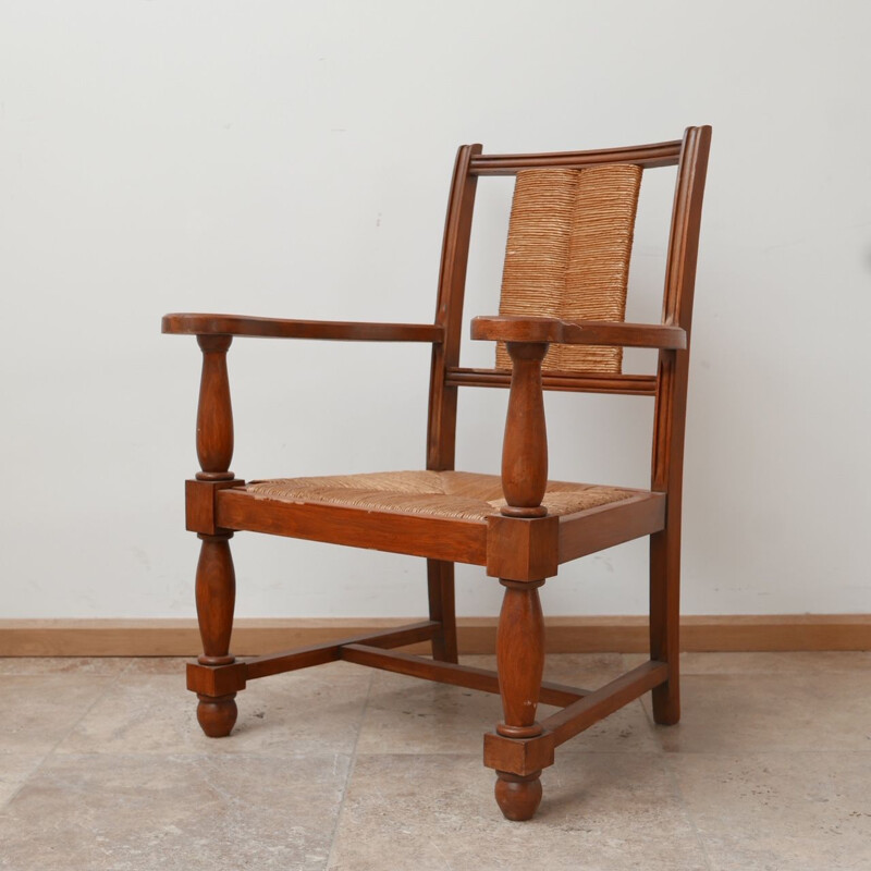 Pair of vintage armchairs in wood and rush, France 1950