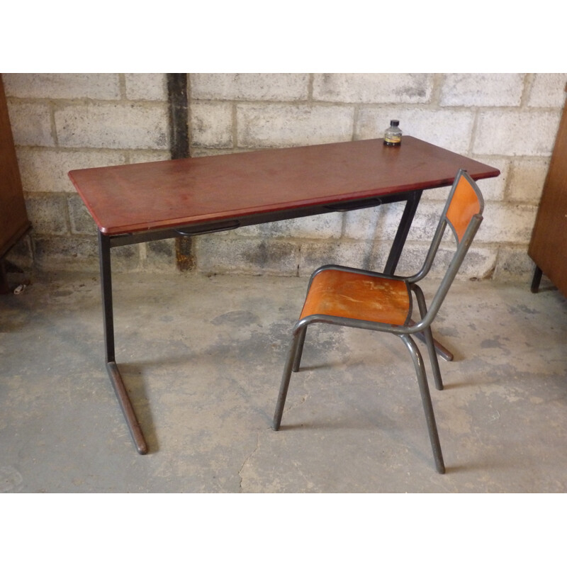 Bureau d'écolier et sa chaise Mullca en métal et bois - 1960