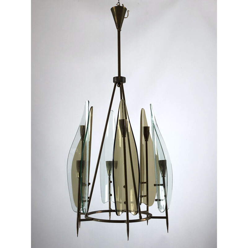Vintage brass and curved glass chandelier by Cristal Art, Italy 1950