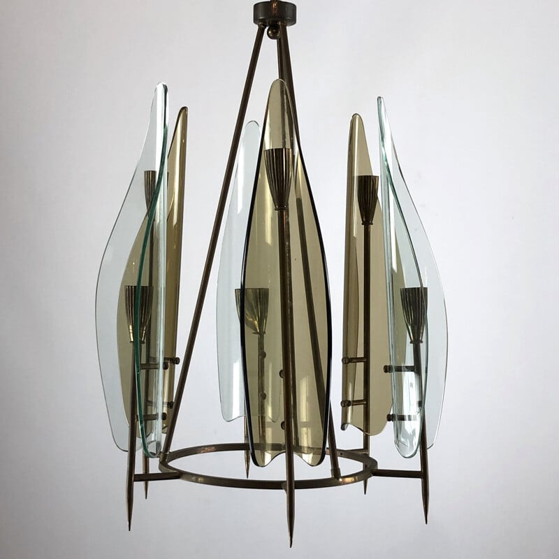 Vintage brass and curved glass chandelier by Cristal Art, Italy 1950