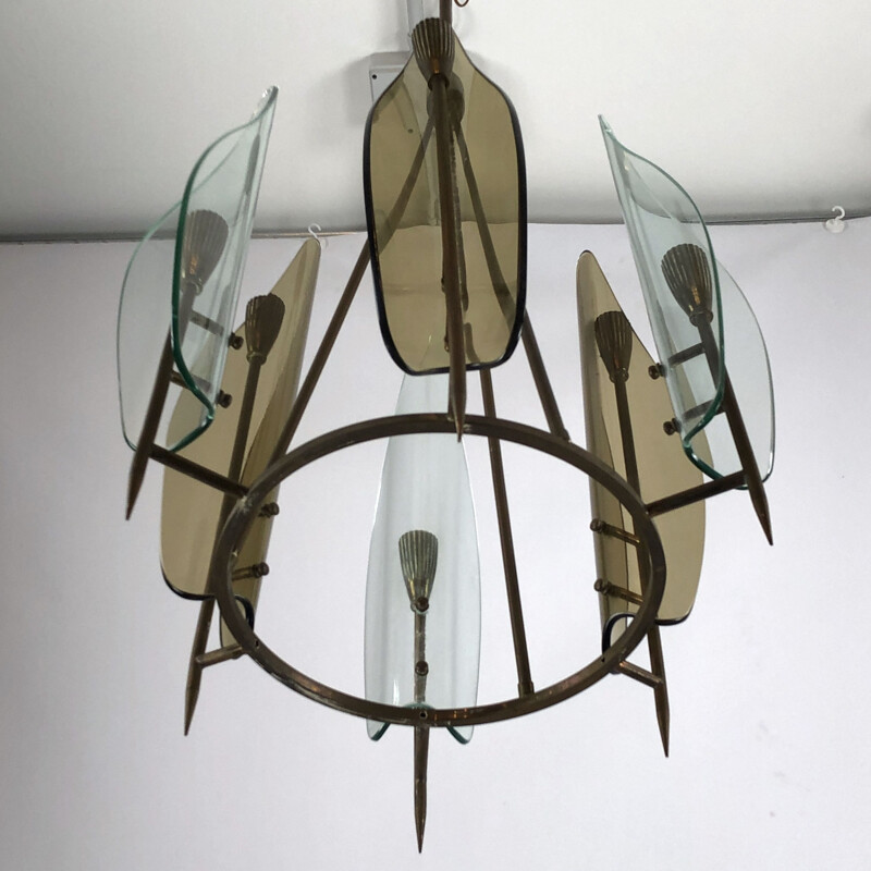 Vintage brass and curved glass chandelier by Cristal Art, Italy 1950
