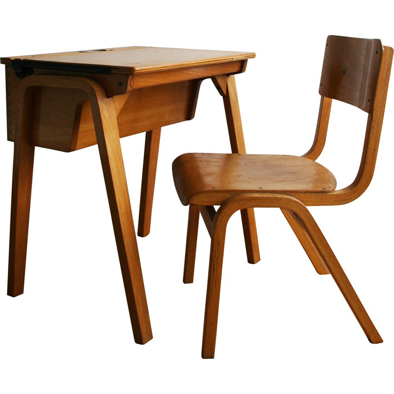 Child desk and its chair in wood - 1960s