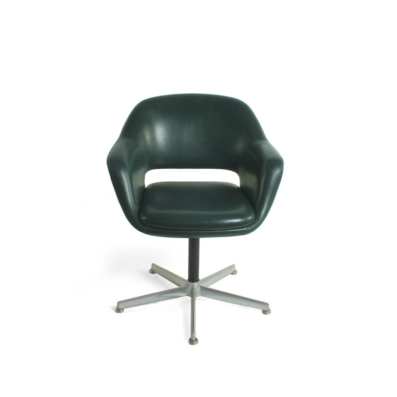 Green leather swivel vintage armchair by Girsberger Schammer for Knoll International, 1960s