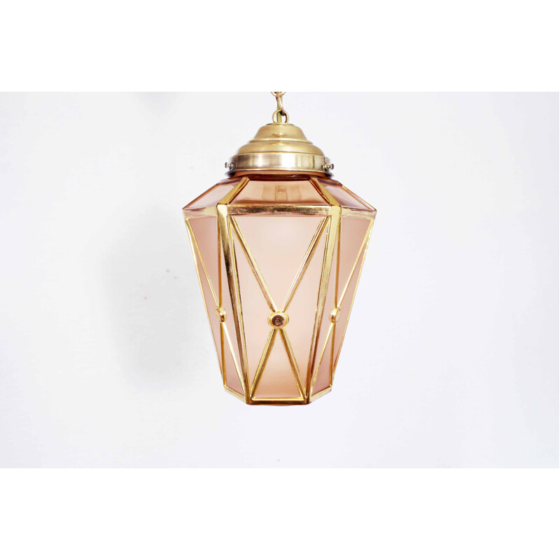Vintage Art Deco pink glass and brass hanging lamp, 1930