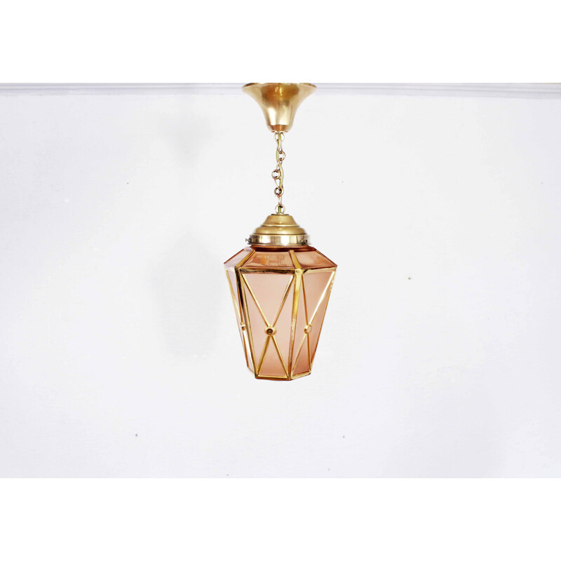 Vintage Art Deco pink glass and brass hanging lamp, 1930