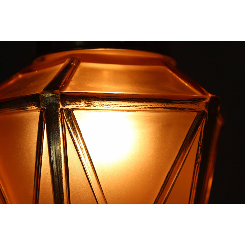 Vintage Art Deco pink glass and brass hanging lamp, 1930