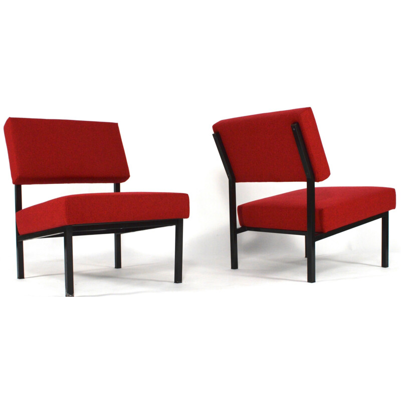 Paire de fauteuils en métal et tissu rouge, Martin VISSER - 1950