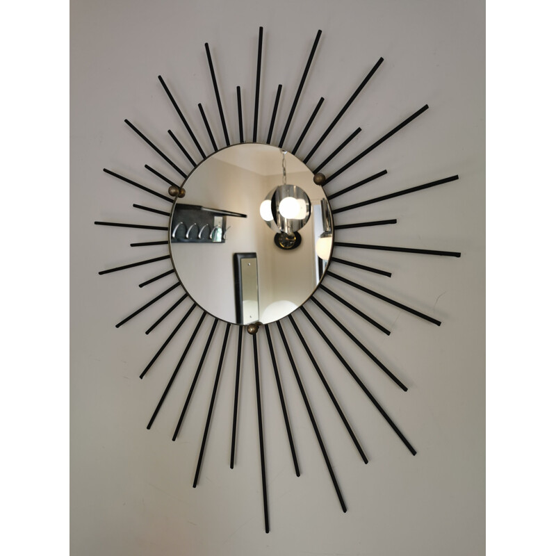 Mid century black iron sun mirror