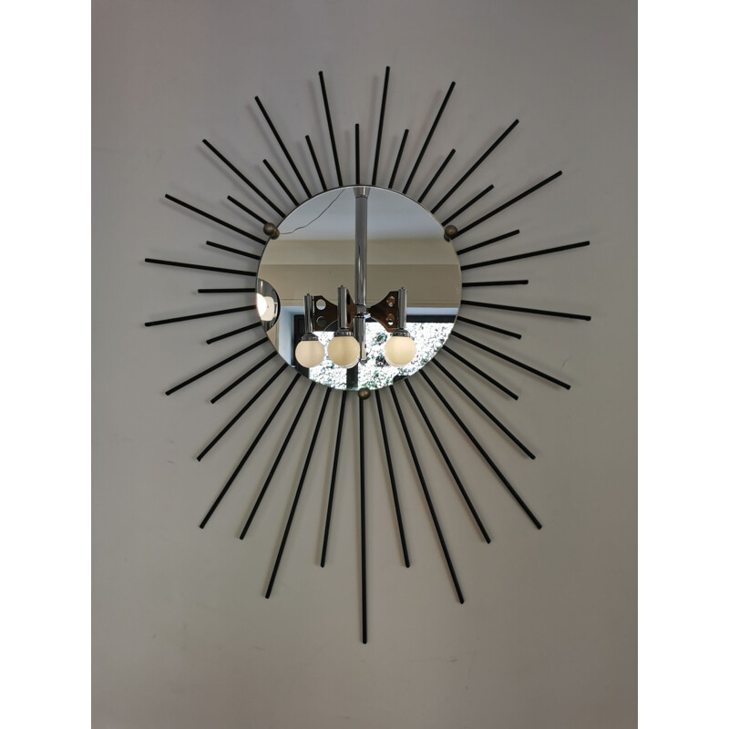 Mid century black iron sun mirror