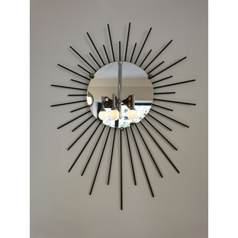 Mid century black iron sun mirror