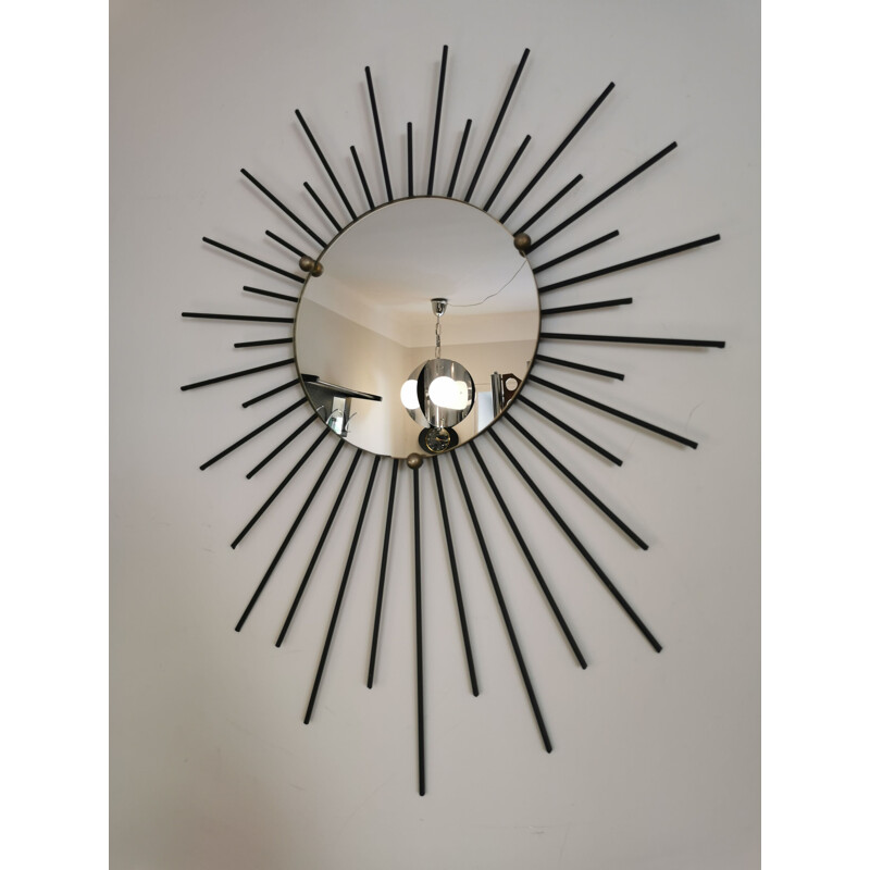 Mid century black iron sun mirror