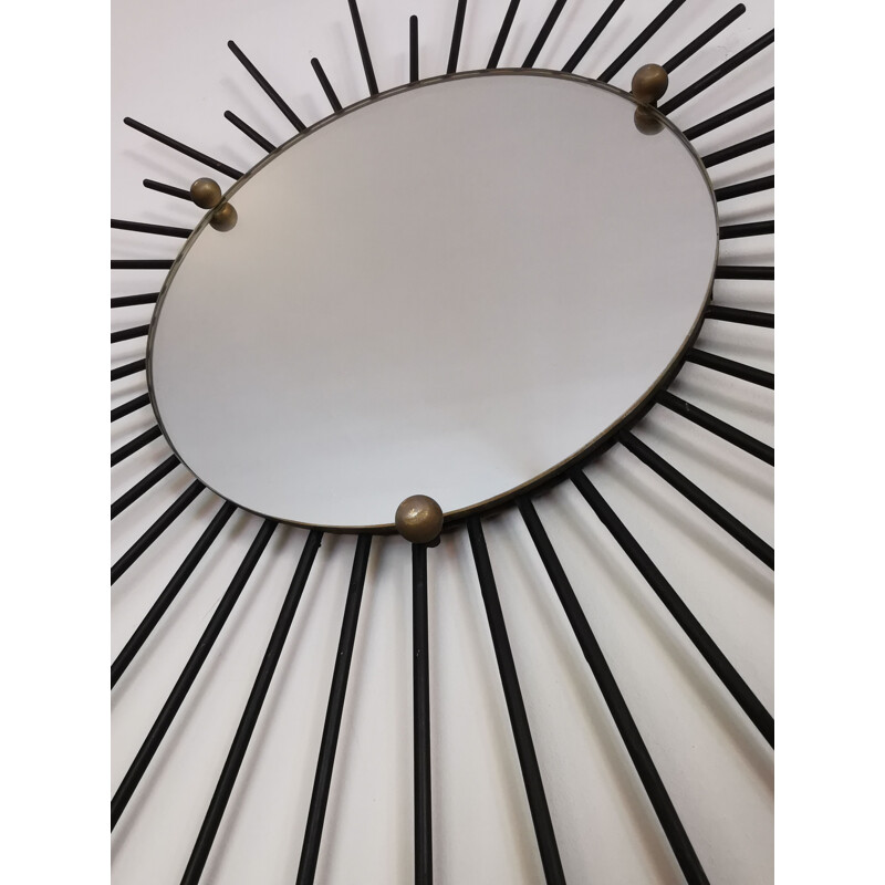 Mid century black iron sun mirror