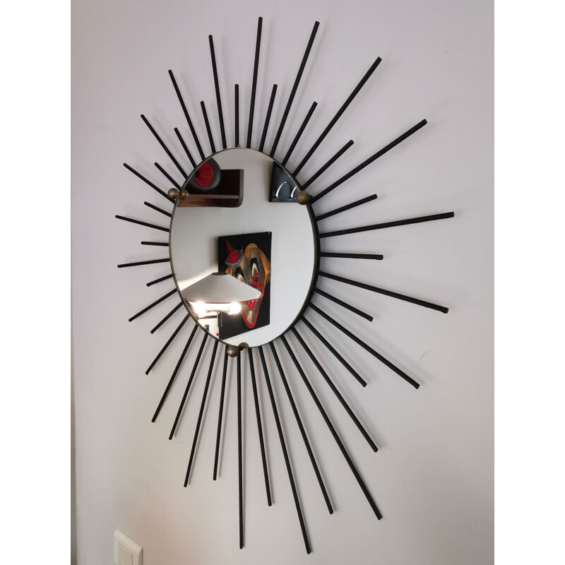 Mid century black iron sun mirror