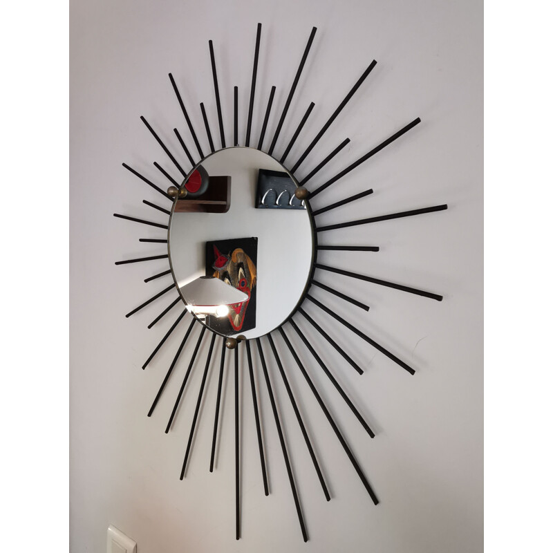 Mid century black iron sun mirror