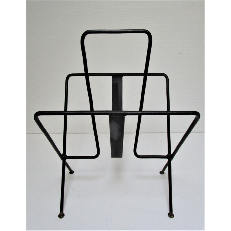 Vintage black metal magazine rack by Jacques Adnet