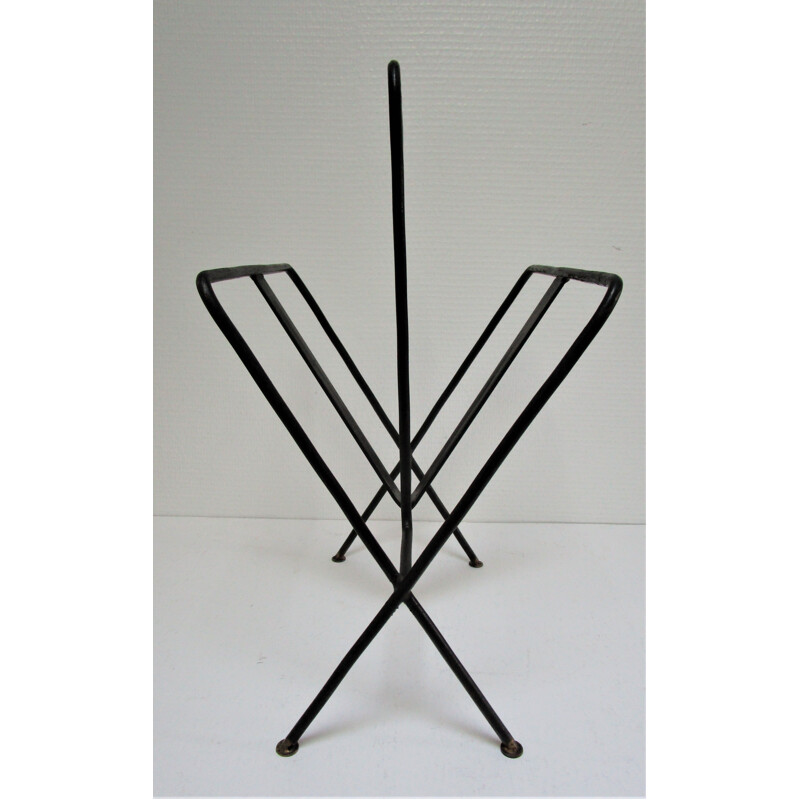 Vintage black metal magazine rack by Jacques Adnet