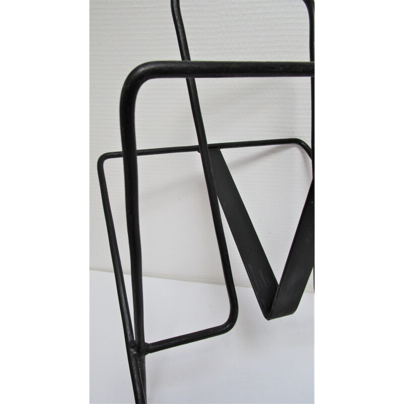 Vintage black metal magazine rack by Jacques Adnet