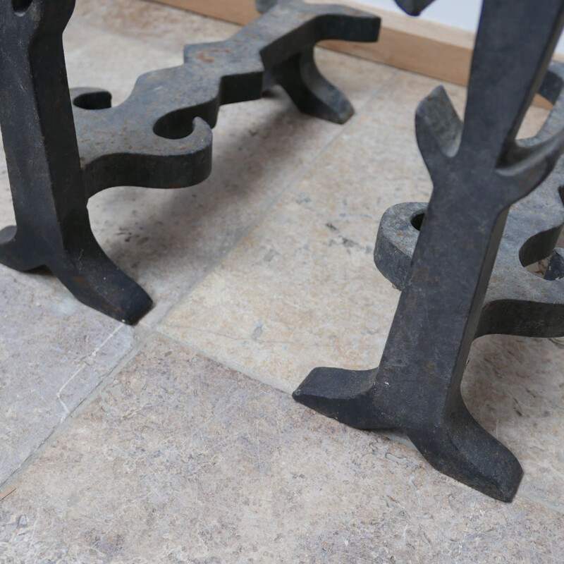 Pair of mid-century french modernist iron fireplace andirons, France 1950s