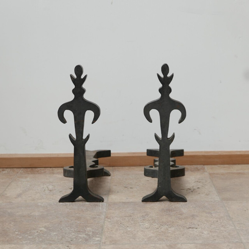 Pair of mid-century french modernist iron fireplace andirons, France 1950s