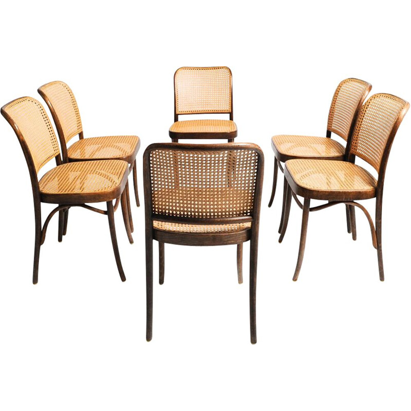 Set of 6 vintage Prague chairs by FMG Josef Hoffmann for Thonet, 1950s