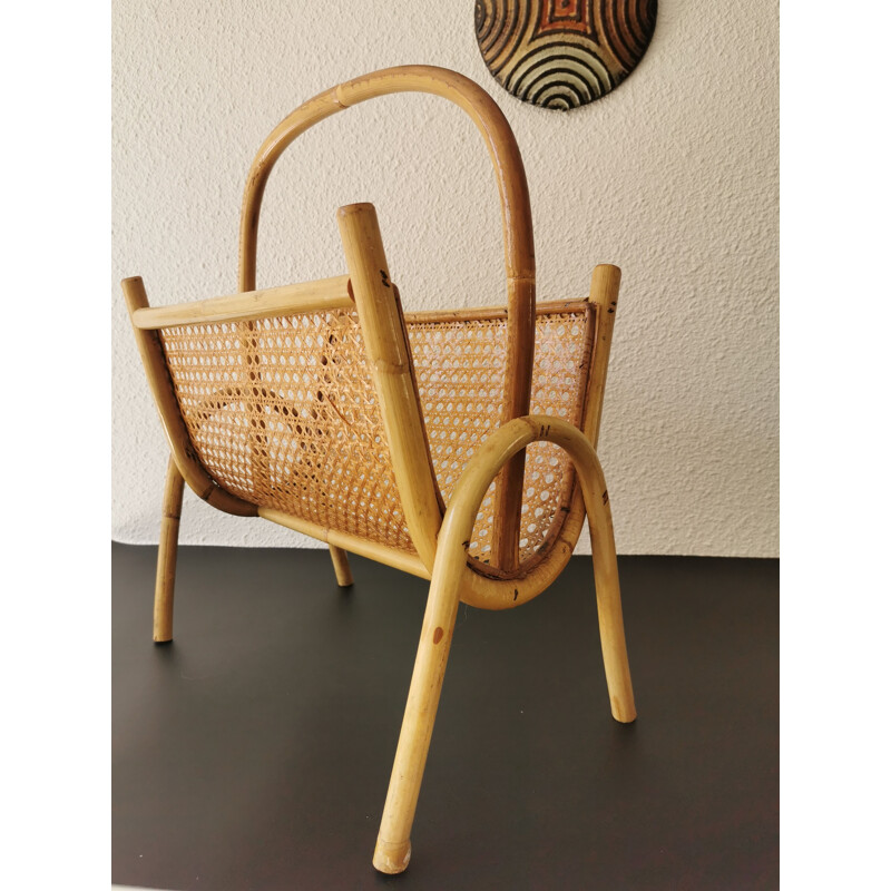 Vintage bamboo and rattan magazine rack, 1970