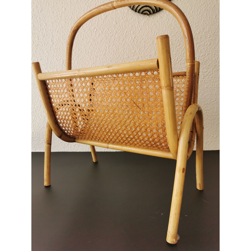 Vintage bamboo and rattan magazine rack, 1970