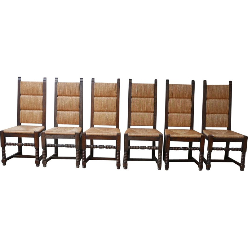 Set of 6 mid-century rush dining chairs by Charles Dudouyt, France 1950s