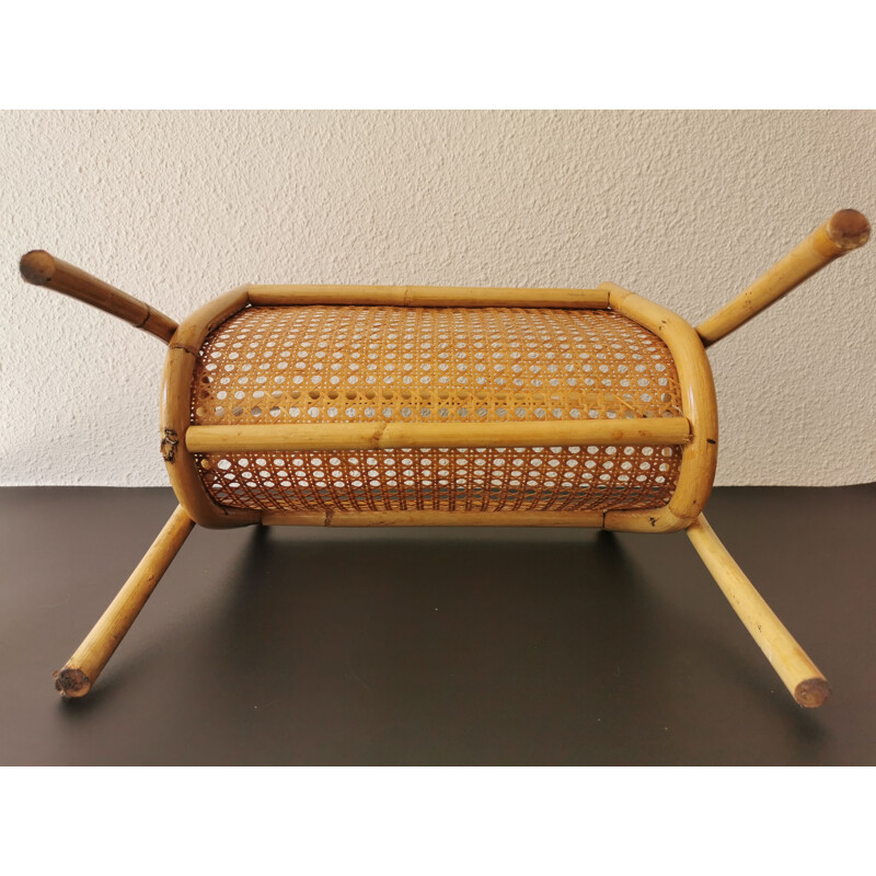 Vintage bamboo and rattan magazine rack, 1970