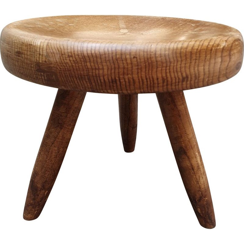 Vintage low stool called Berger in light ashwood by Charlotte Perriand, 1959