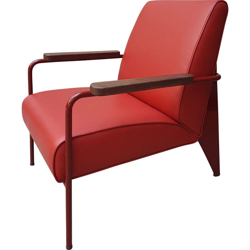 Vintage oakwood and red leather armchair by Jean Prouvé, 2019