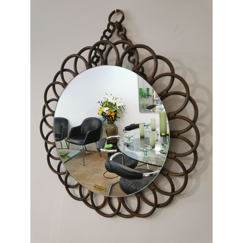 Vintage dark rattan flower mirror, 1970