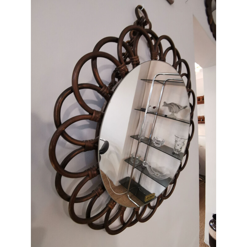 Vintage dark rattan flower mirror, 1970