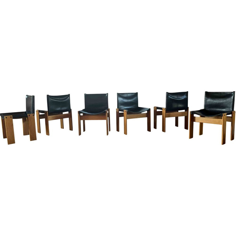 Set of 6 vintage beechwood and black leather chairs by Afra & Tobia Scarpa, Italy 1973